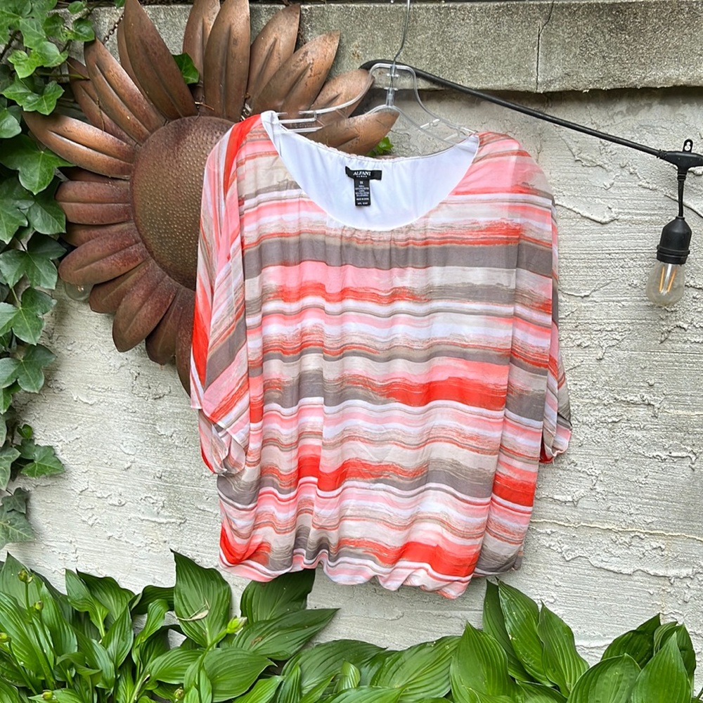 ALFANI Woman Top Striped Bat Wing Sleeve Lined 100% Polyester➡️25”⬇️26”